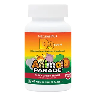 Вітамін D3 для дітей Natures Plus Animal Parade Vitamin D3 Children’s 500 IU Sugar-Free Chewables, 90 жувальних таблеток - Вишня