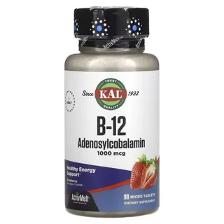 Вітамін B-12 аденозилкобаламін KAL Vitamin B-12 Adenosylcobalamin 1000 mcg, 90 мікро таблеток - Полуниця для підтримки нервової системи