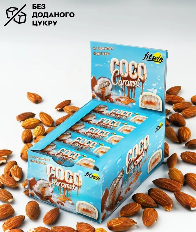 Кокосово-карамельний батончик FitWin Coco Caramel No Sugar Added, 20*40 грам - Мигдаль без доданого цукру