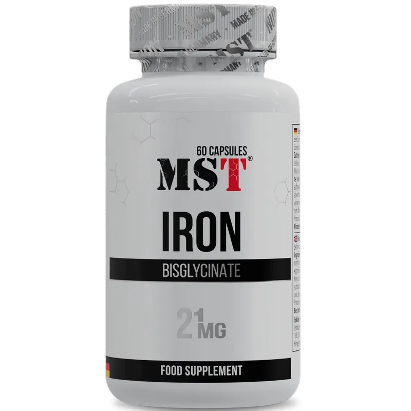 Вітамін С та залізо MST Nutrition Iron Bisglycinate, 60 капсул для профілактики залізодефіцитної анемії