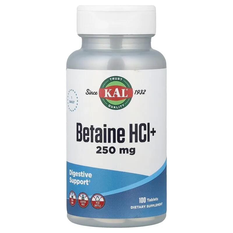 Бетаін гідрохлорид KAL Betaine HCl+ 250 mg, 100 таблеток