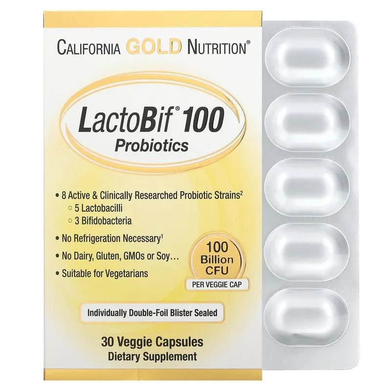 Пробіотики з 8 штамів California Gold Nutrition LactoBif 100 Probiotics, 30 вегакапсул для підтримки мікрофлори кишківника