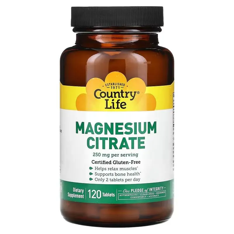 Магній, кальцій та фосфор Country Life Magnesium Citrate, 120 таблеток для підтримки кісток