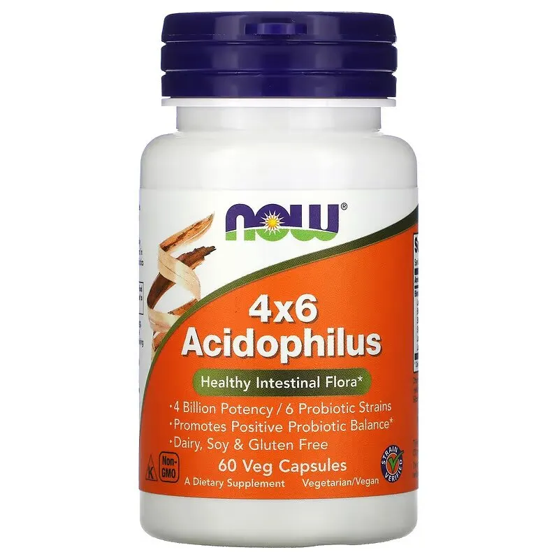 Пробіотики і пребіотики NOW 4X6 Acidophilus, 60 вегакапсул